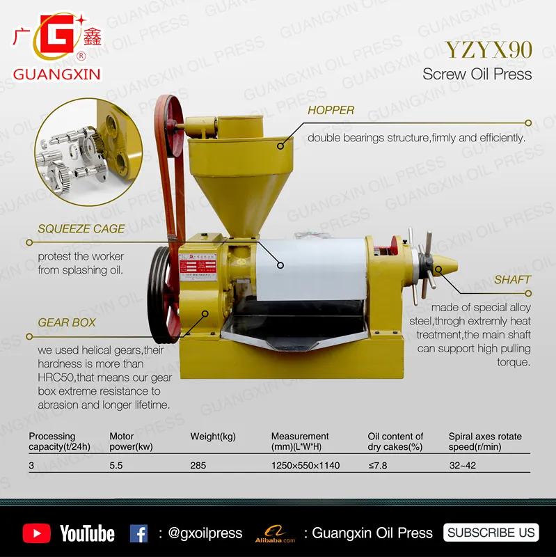 3tpd High Quality Screw Oil Press Yzyx90 Guangxin Brand