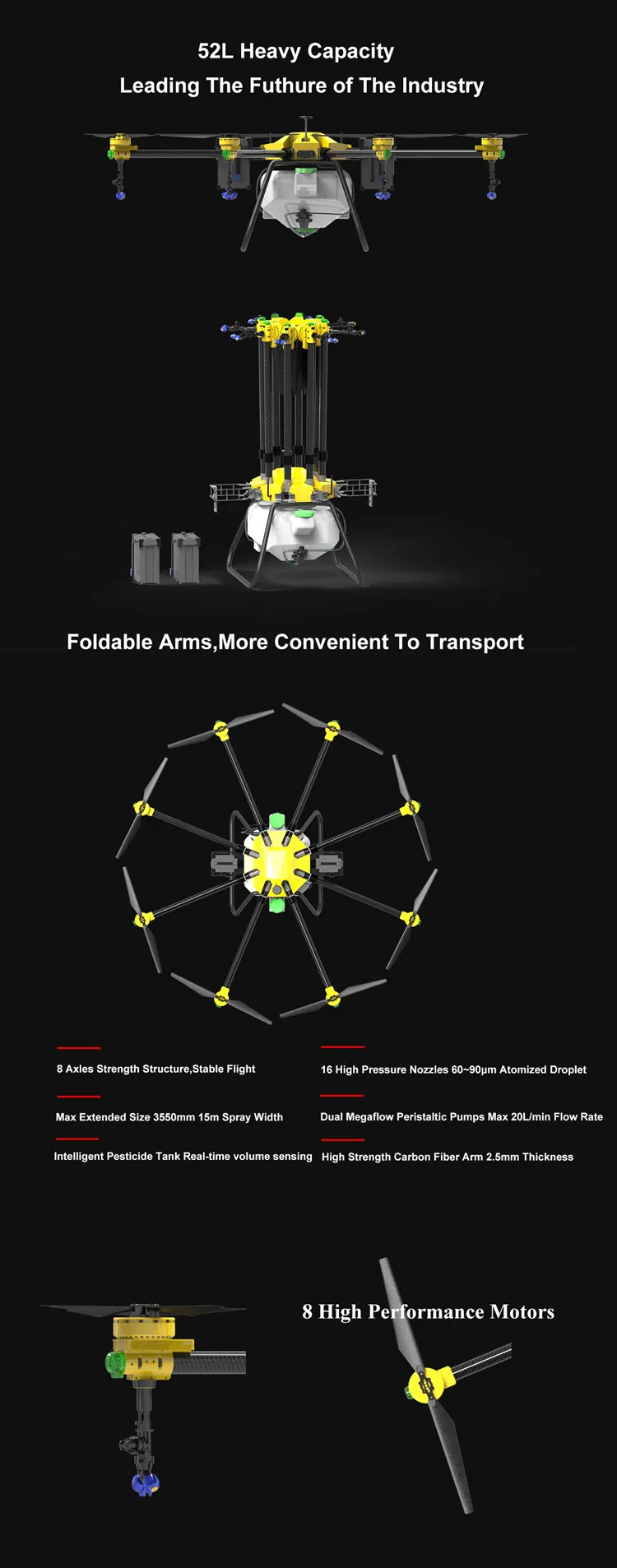 52L Payload Insecticide Pesticide Farm Sprayer Machine Agricultural Drone with Radar