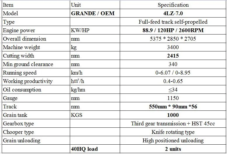 88.9kw 120HP Grande OEM 4lz-7.0 Rice Combine Harvester Cosechadora De Arroz