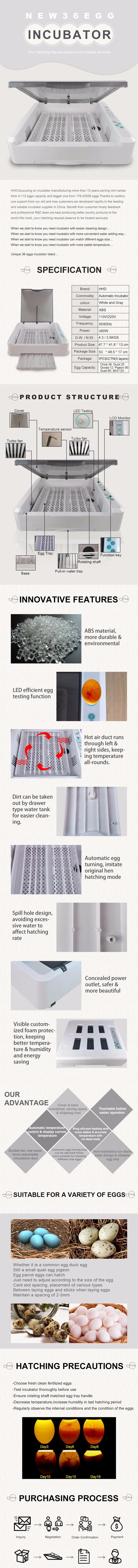 Hhd New Arrival Full Automatic 36 Chicken Egg Incubator for Sale Ew-36