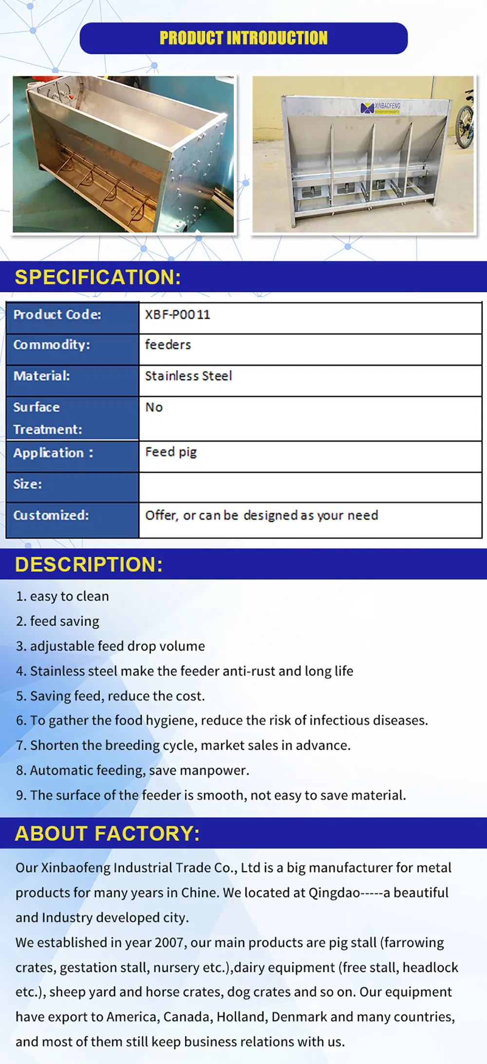 Hot Sale Pig Farm Equipment Nursery Fatten Pen Used Stainless Steel Pig Trough Feeders