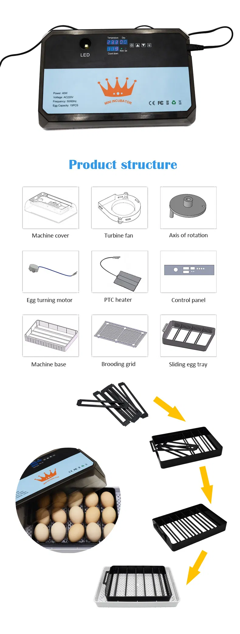 Newest Generation House Mini Intelligent Incubator for Quail Eggs with Intelligent Control Panel